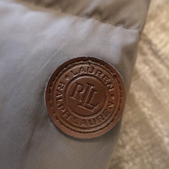 Lauren Ralph Lauren Down Puffer Coat Women’s Large Taupe Hooded Faux Fur - Picture 2 of 16